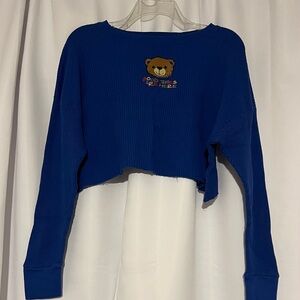 Blue Cropped Sweater with Bear Embroidery